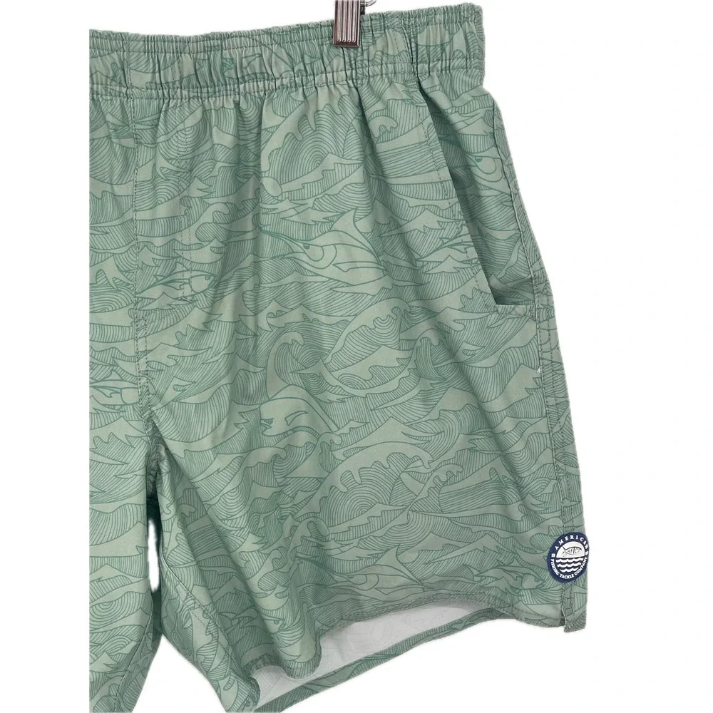 AFTCO Green Wave Print Swim Trunks Board Shorts Mesh Lined Size XL 7in Inseam